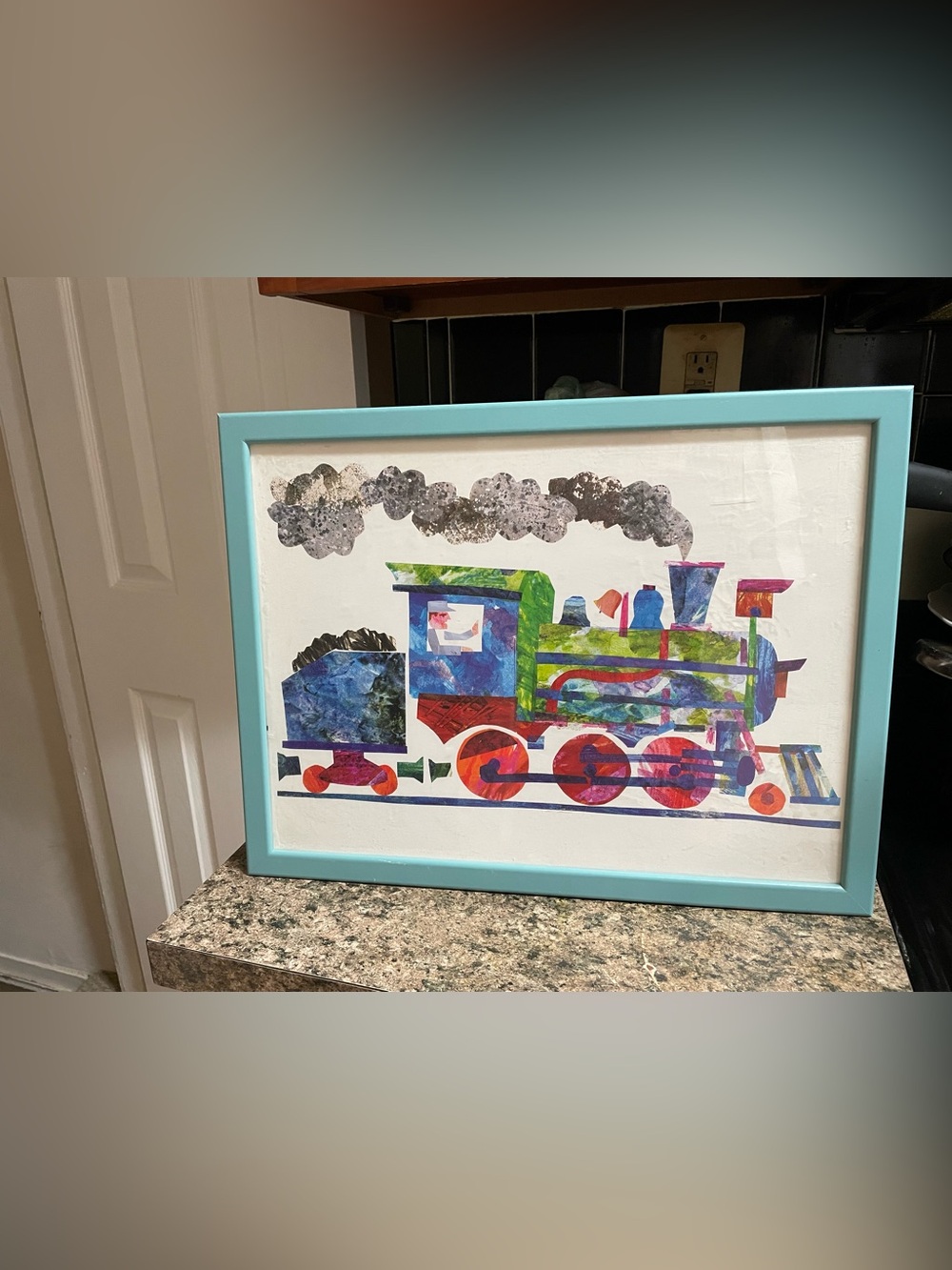 Framed Colorful Train Collage Wall Art - Turquoise Frame